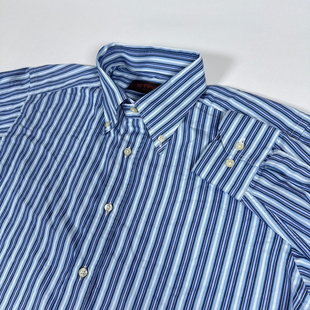 Etro Mens 40 Blue White Striped Button Down Long Sleeve Italian Luxury Preppy